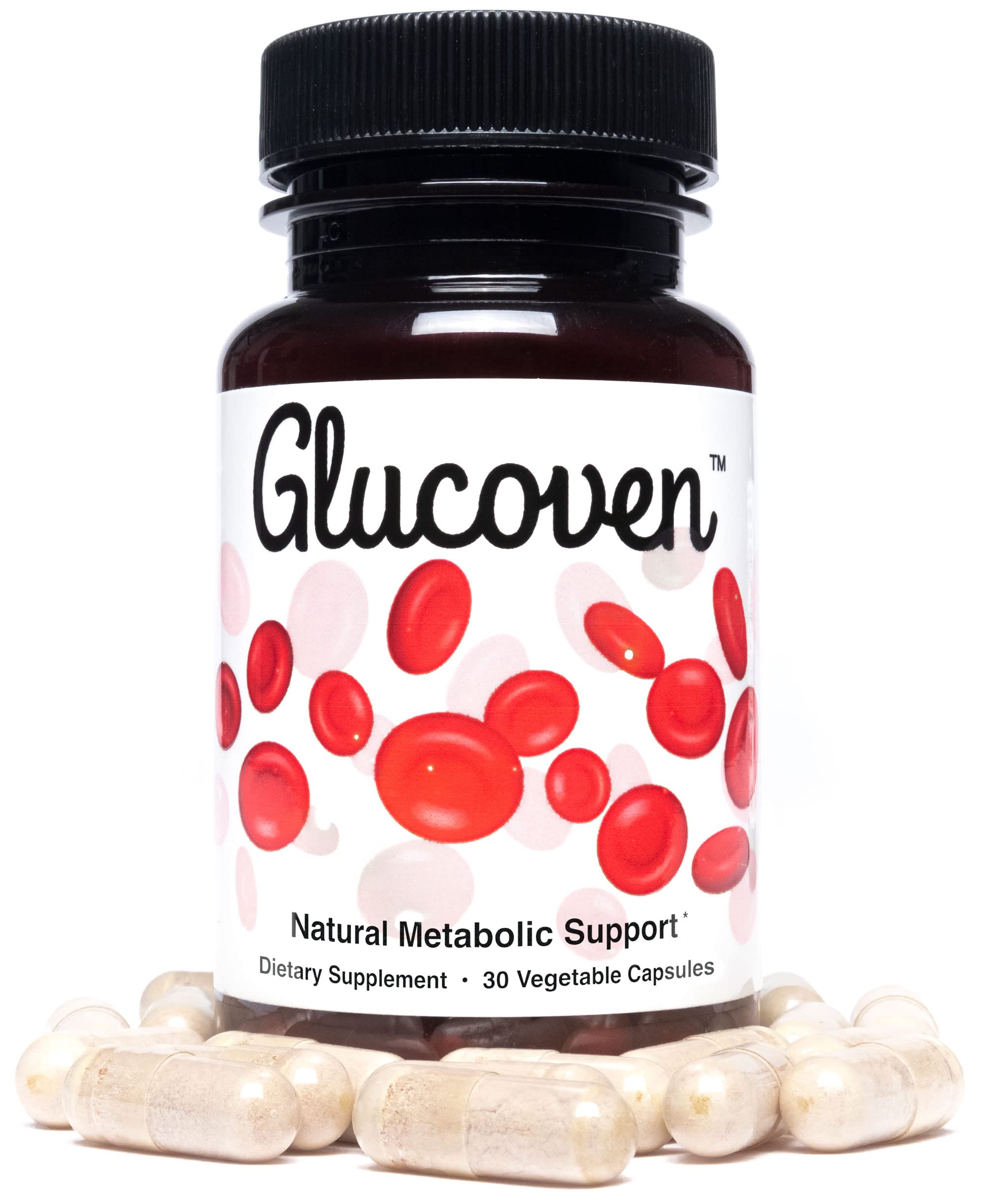 Glucoven label closeup highlights vegan, gluten-free formulation.