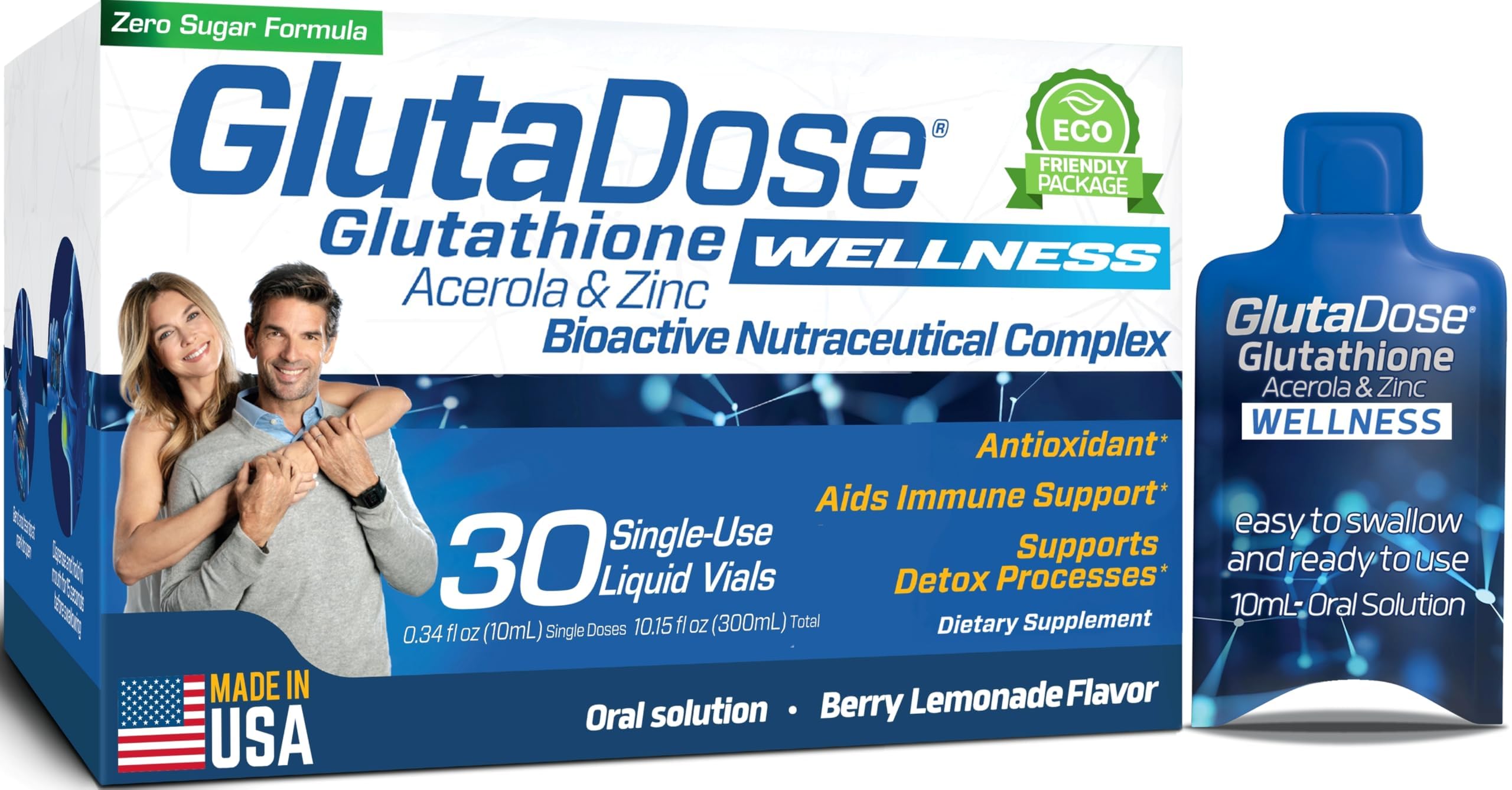 GlutaDose liquid bottle with lemon-berry flavor for daily energy and immune support.