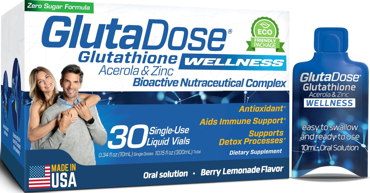 GlutaDose liquid bottle with lemon-berry flavor for daily energy and immune support.