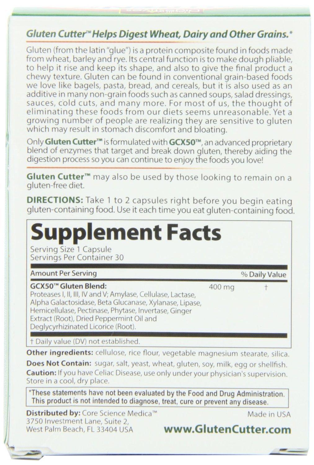 Gluten Cutter packaging box highlights three 30-capsule boxes for easy use.