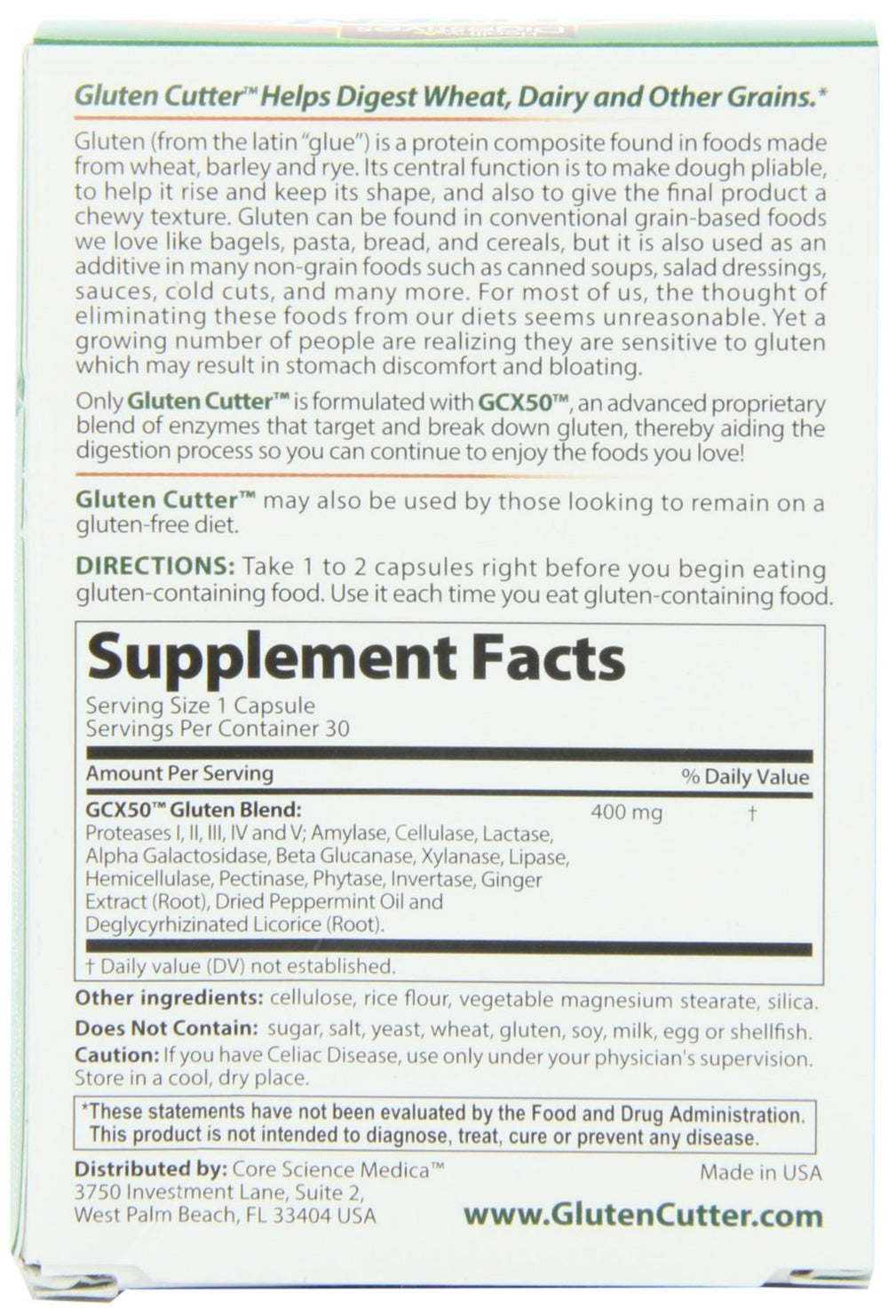 Gluten Cutter packaging box highlights three 30-capsule boxes for easy use.