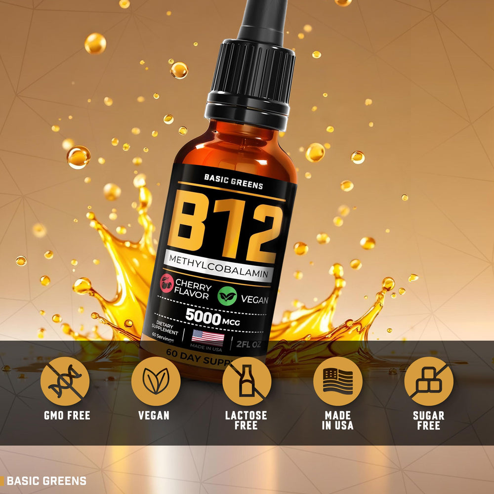 Gluten-free dairy-free Basic Greens B12 sublingual drops with plant-based formula