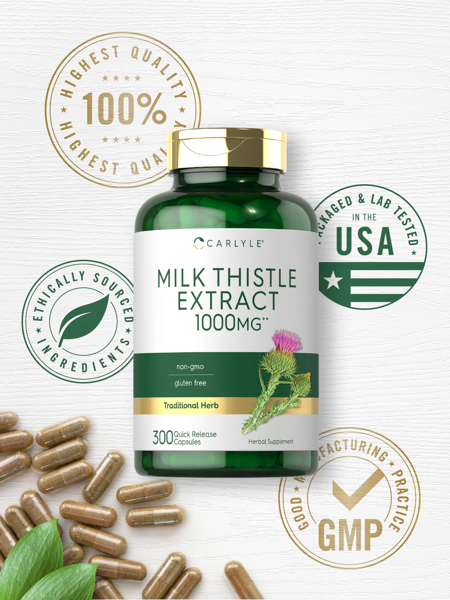Gluten-free and non-GMO seal on Carlyle packaging signals clean, allergy-friendly supplement options.