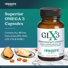 GLX3 omega-3 capsules close-up highlighting burpless, easy-to-swallow design for daily use.