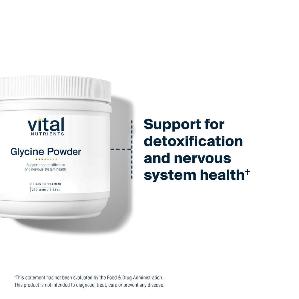 Vital Nutrients glycine powder being stirred in a glass to support evening routine.