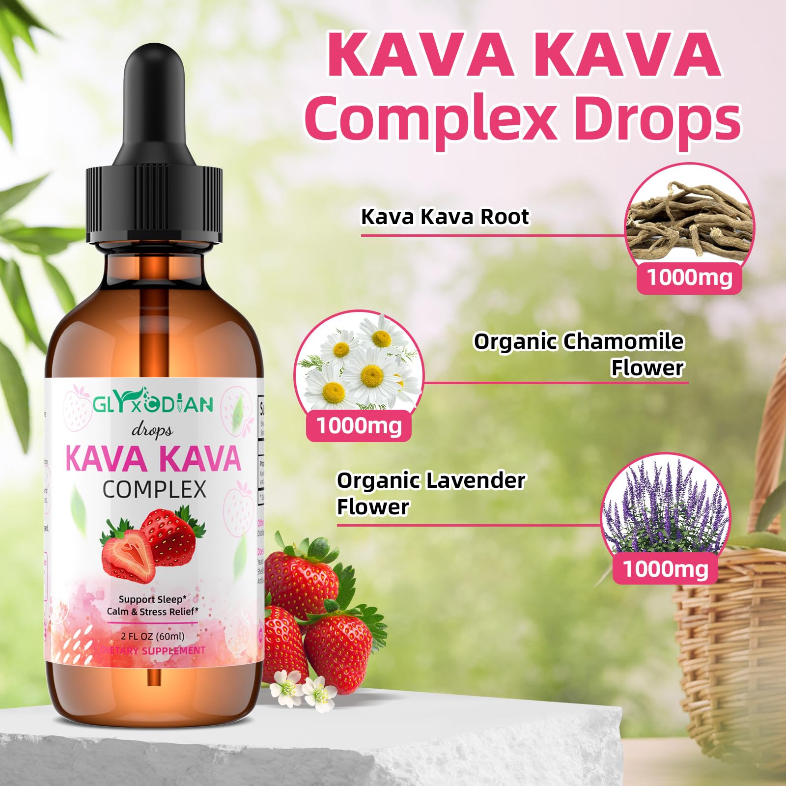 Glyxcodian Kava drops poured into water for quick calming moments.