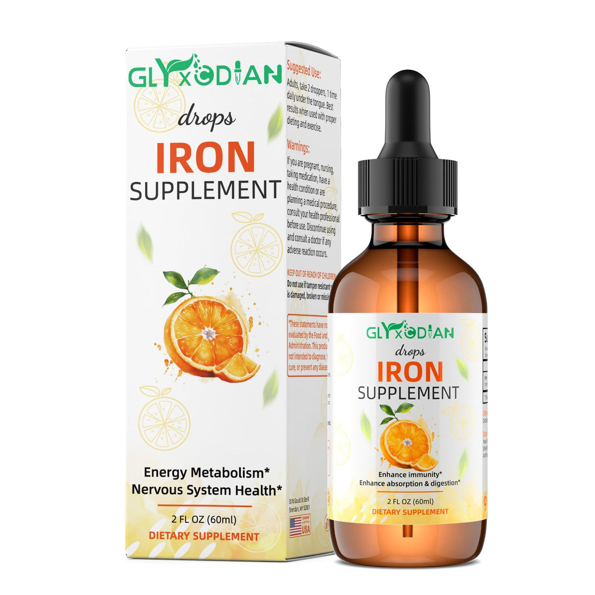 Glyxcodian liquid iron bottle highlighting 98% absorption for daily energy support