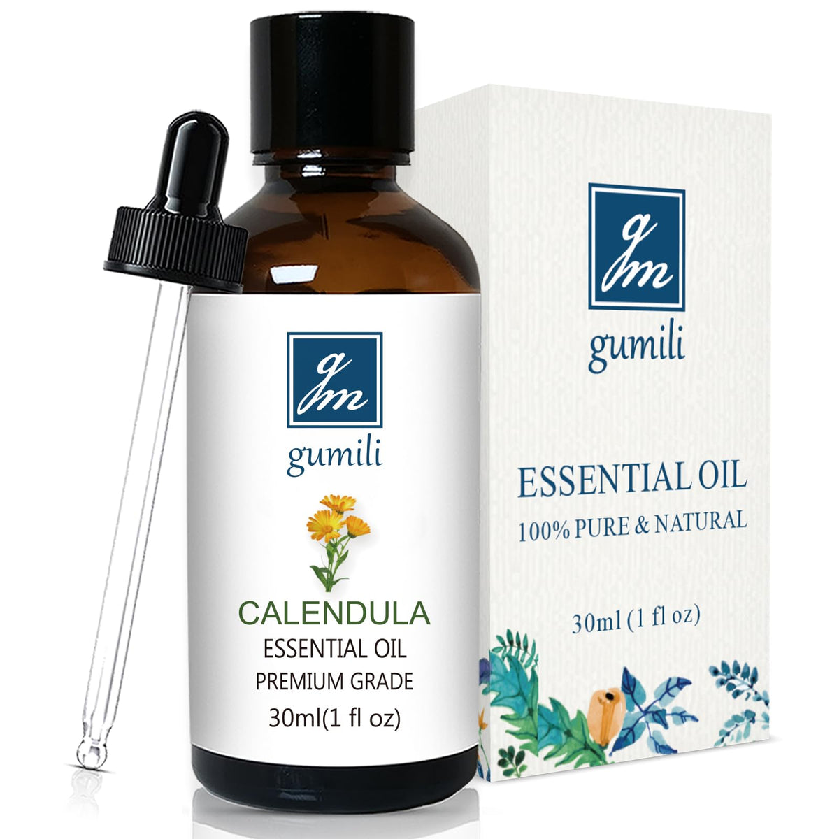 GM Gumili Calendula essential oil bottle with dropper for easy DIY use