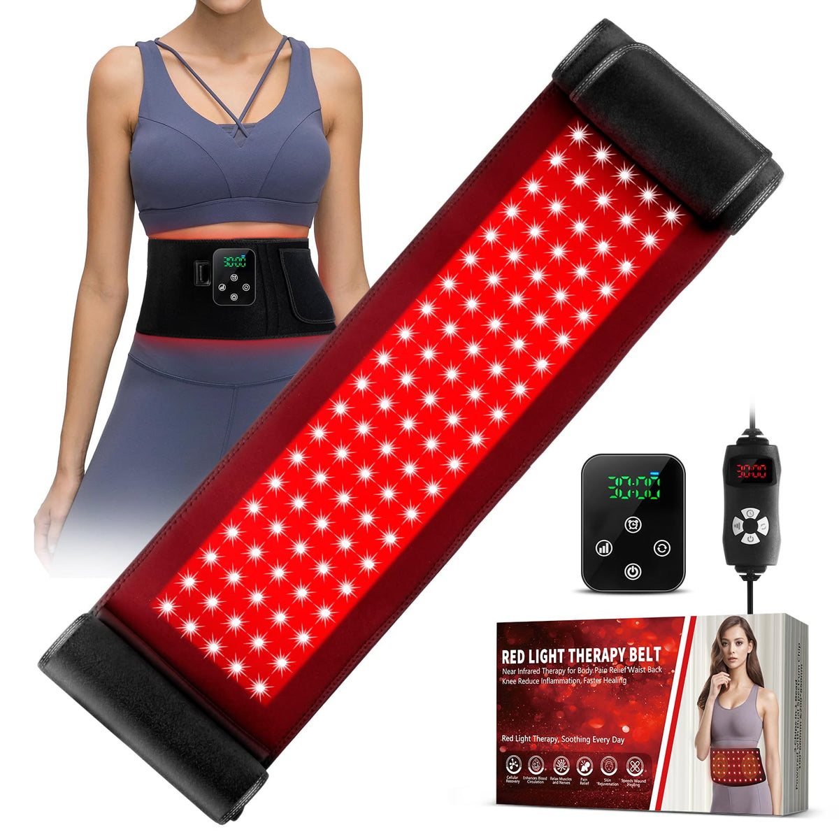 GMOWNW belt front view highlights wide lumbar coverage for comfortable wear.