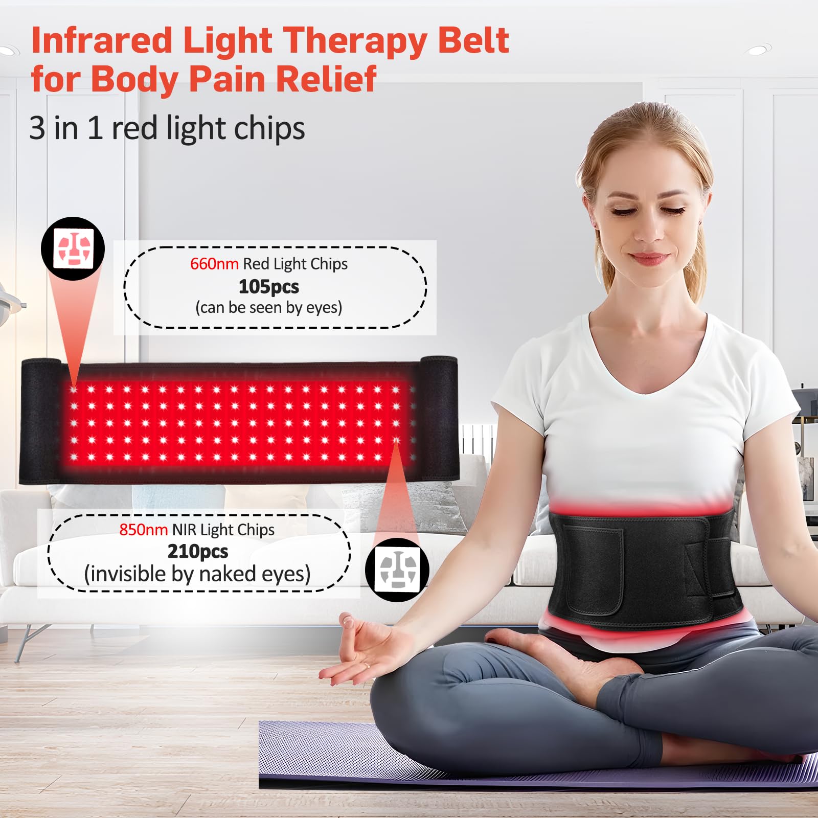 GMOWNW red-light therapy belt wide view highlighting full-body treatment area.