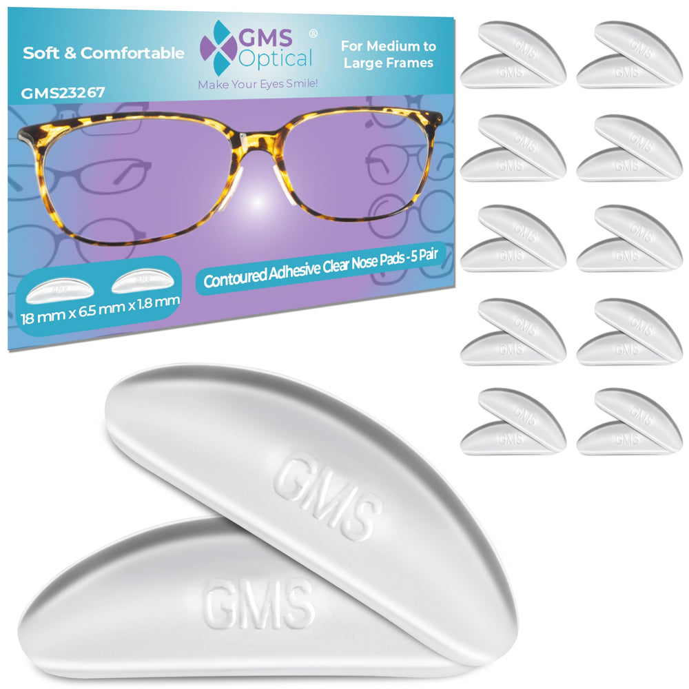 GMS Optical adhesive nose pads clear close-up showing a secure, comfortable fit.
