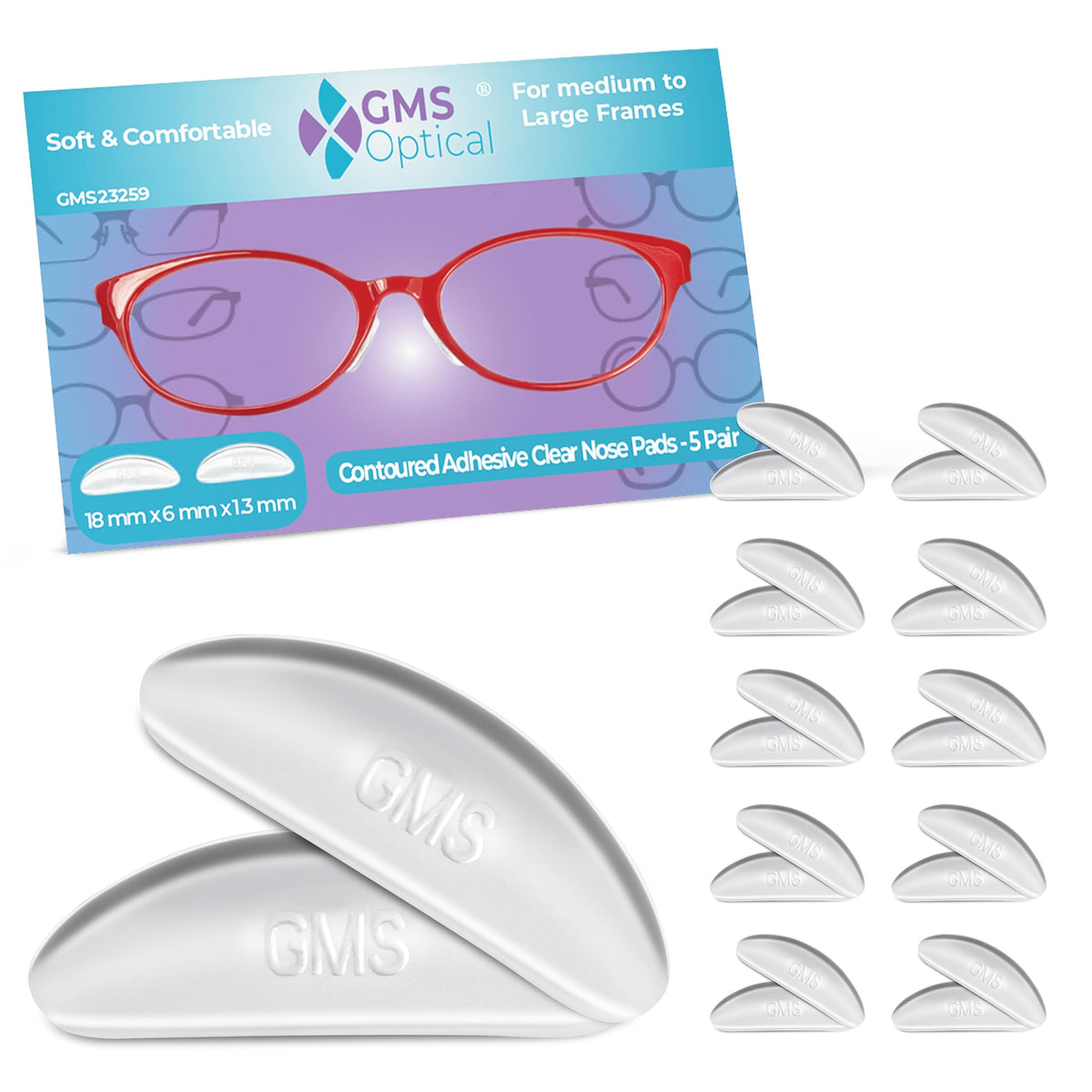 GMS Optical nose pads close-up showing ultra-thin profile for discreet comfort.