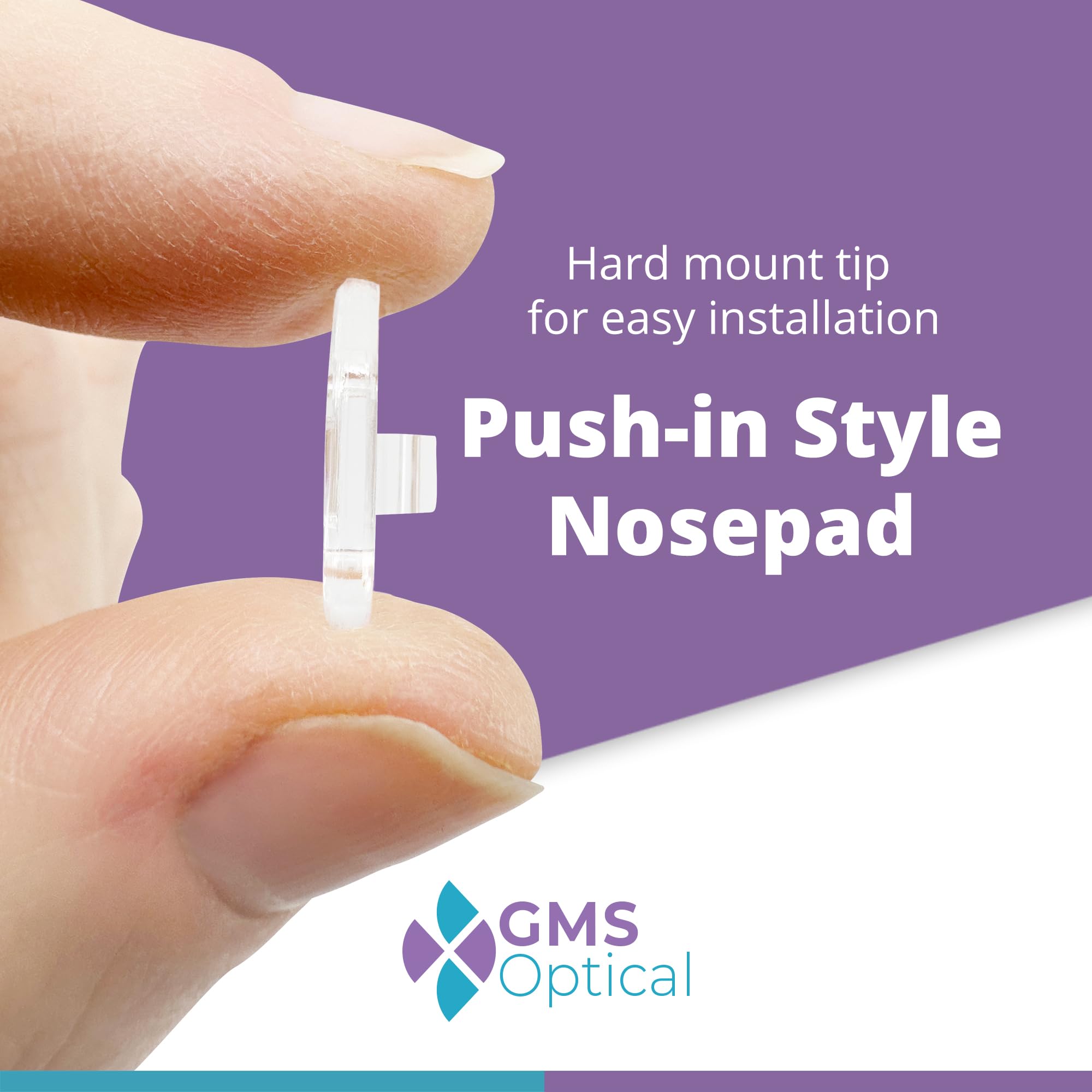 GMS Optical tear drop pads highlight anti-slip design for secure wear.