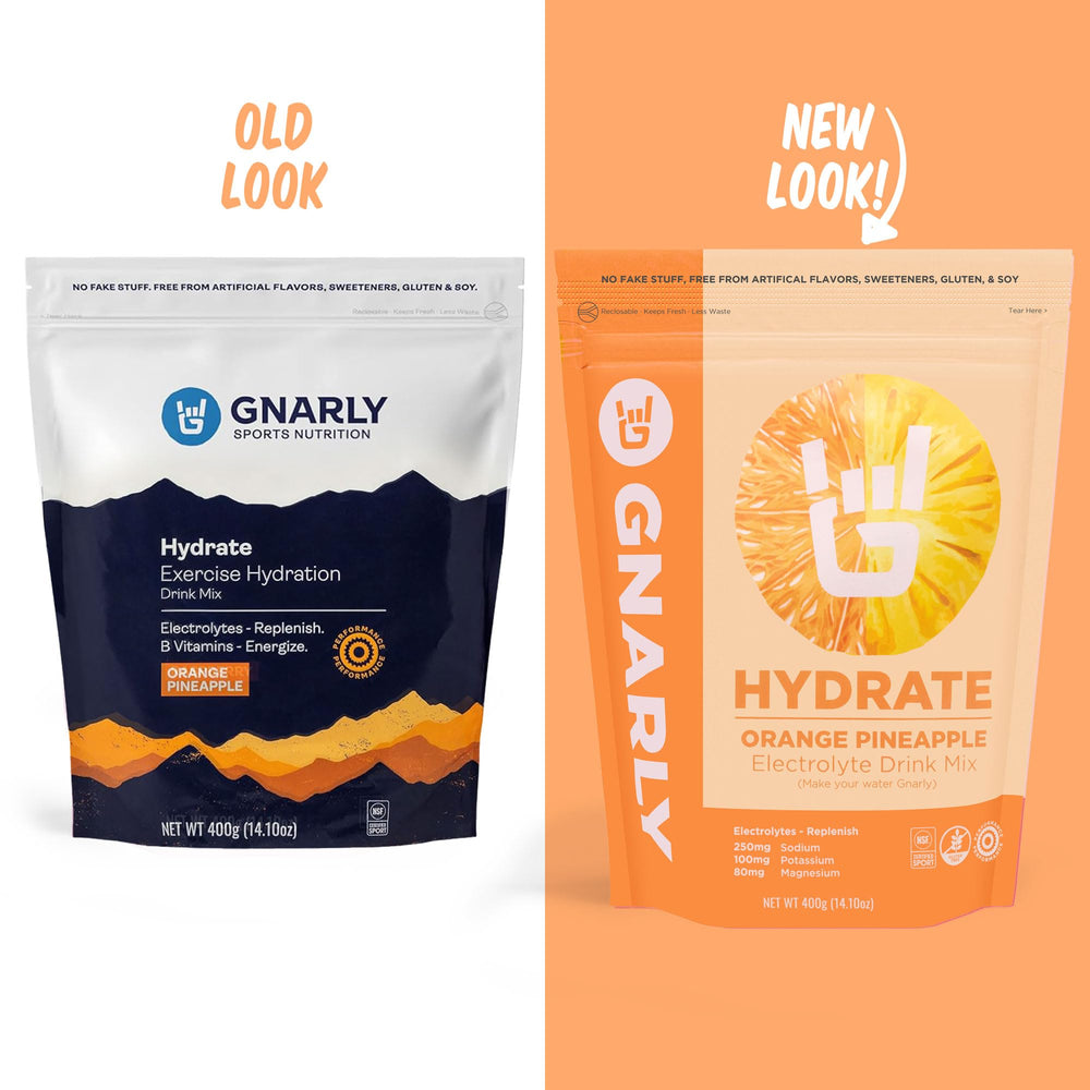 Gnarly Hydrate orange pineapple bottle showing quick, refreshing hydration after training