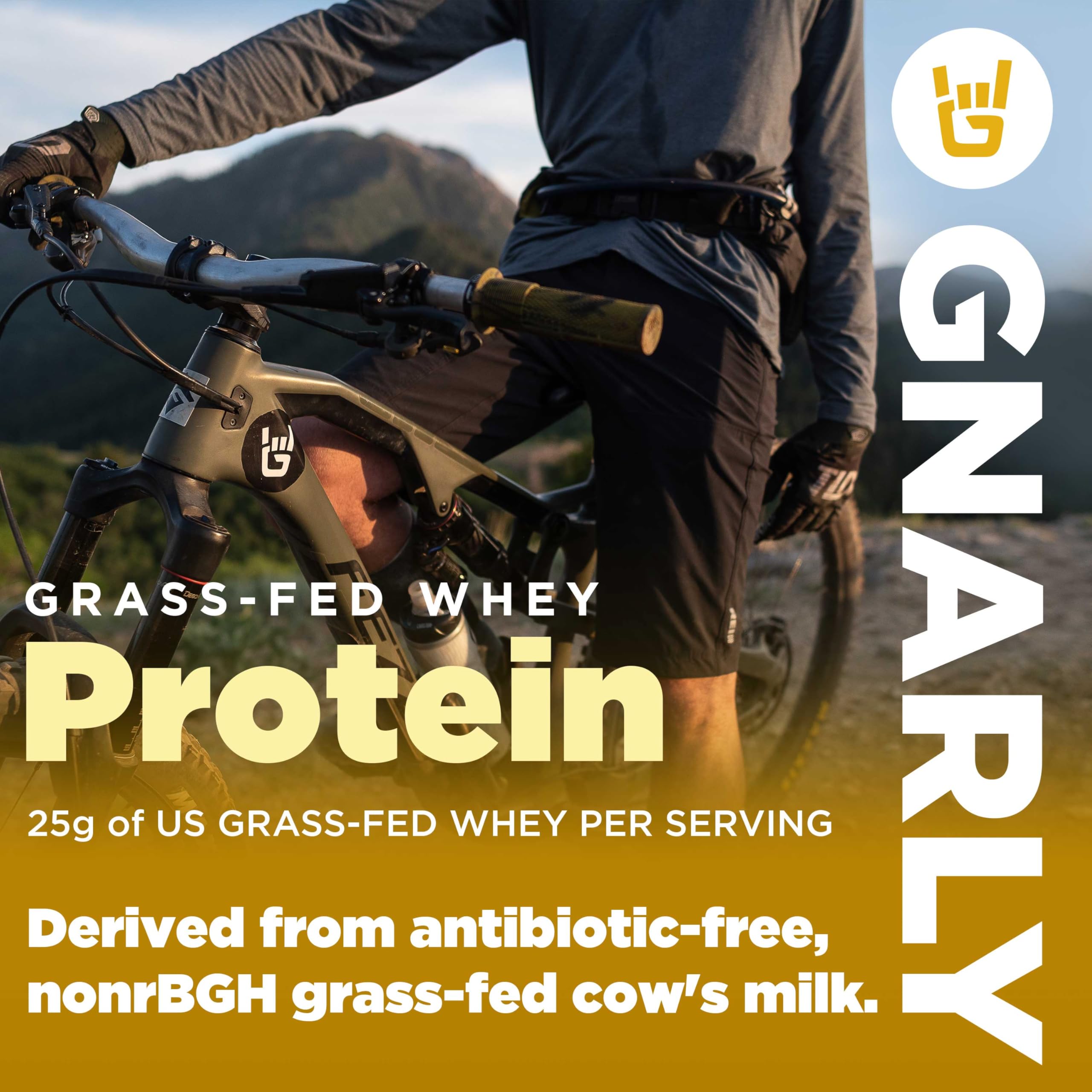 Close-up of Gnarly Nutrition label on chocolate protein powder container