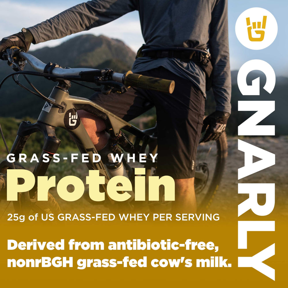 Close-up of Gnarly Nutrition label on chocolate protein powder container