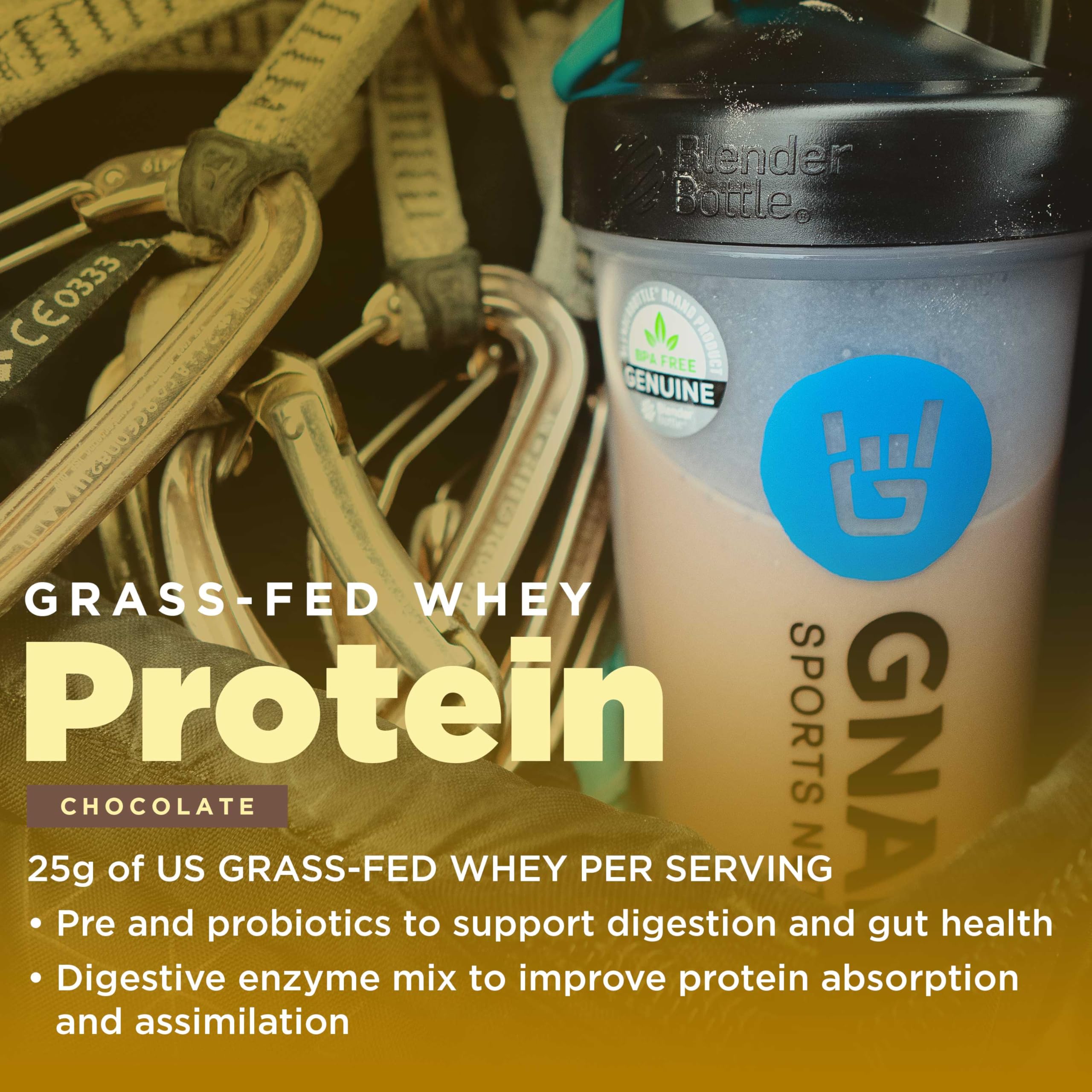 Open Gnarly protein powder tub ready to mix in a shake