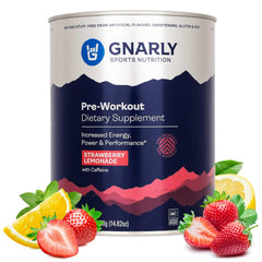 Gnarly Nutrition pre-workout powder bottle in strawberry lemonade fuels endurance.