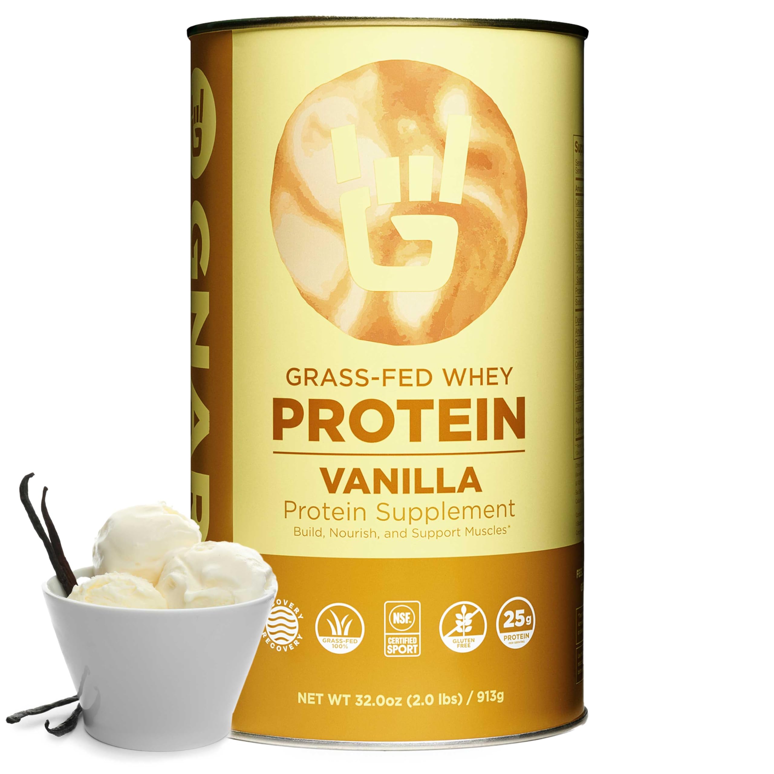 Gnarly Nutrition vanilla protein powder bottle highlighting grass-fed whey quality and post-workout support