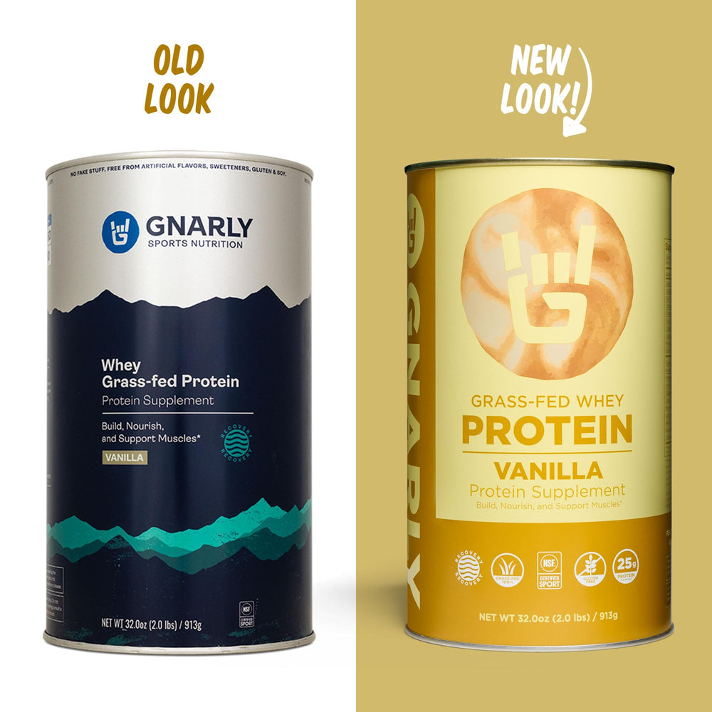 Gnarly vanilla protein powder scoop measuring a 25 g serving for fueling