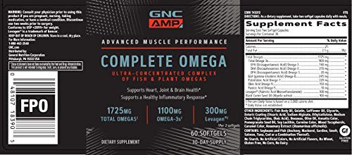 Nutrition facts panel of GNC AMP Complete Omega bottle highlights total omegas.