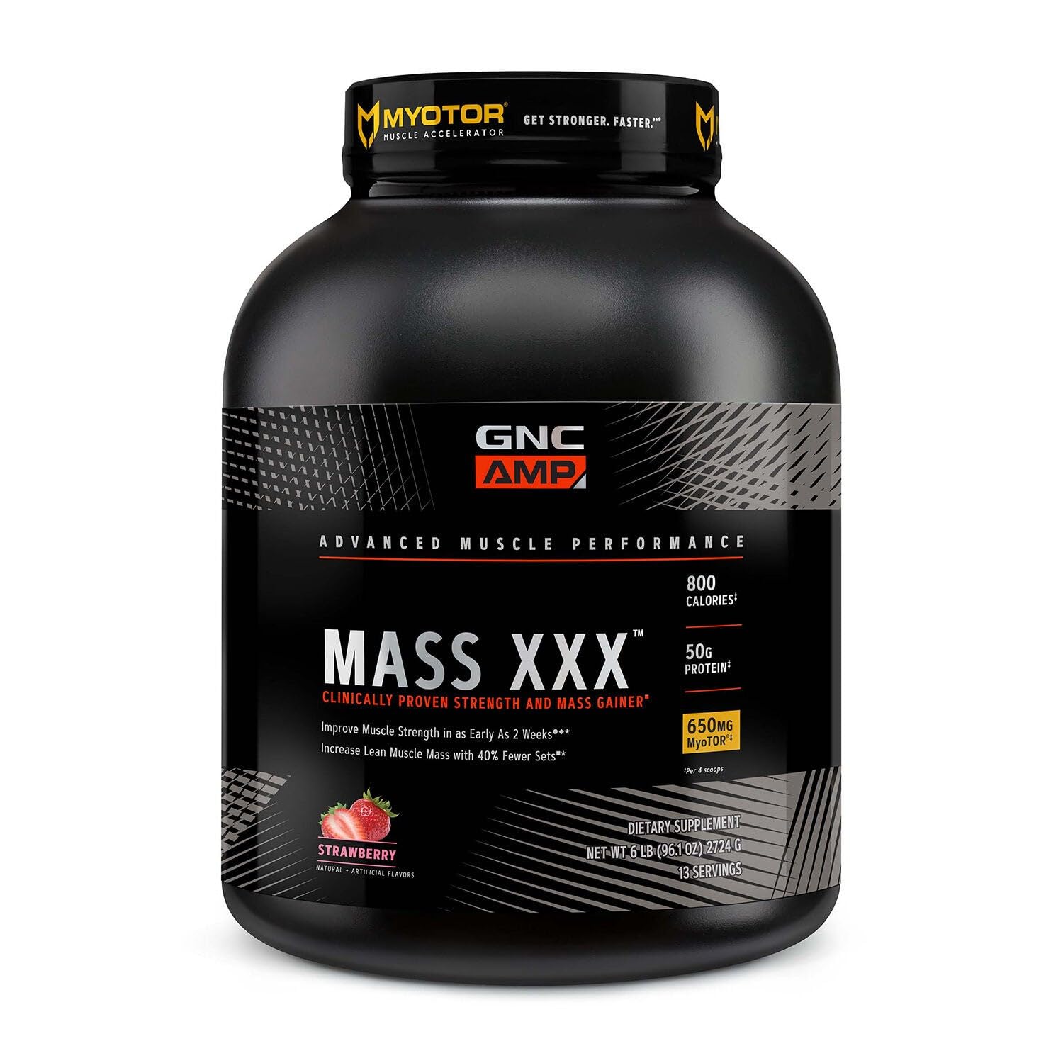 GNC AMP Mass XXX bottle front showing strawberry flavor and labeling