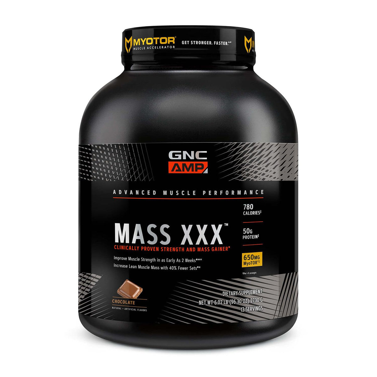 GNC AMP Mass XXX bottle pour shows easy dosing for daily nutrition.