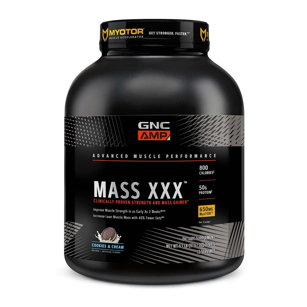 GNC AMP Mass XXX cookies and cream tub, premium mass gainer for workouts