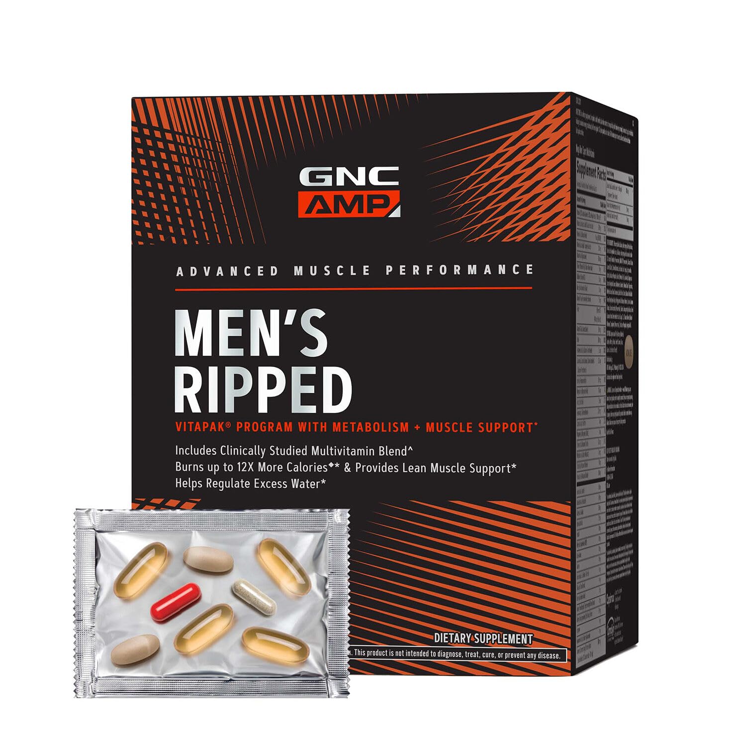 GNC AMP Men's Ripped Vitapak bottle front promotes energy support and lean appearance