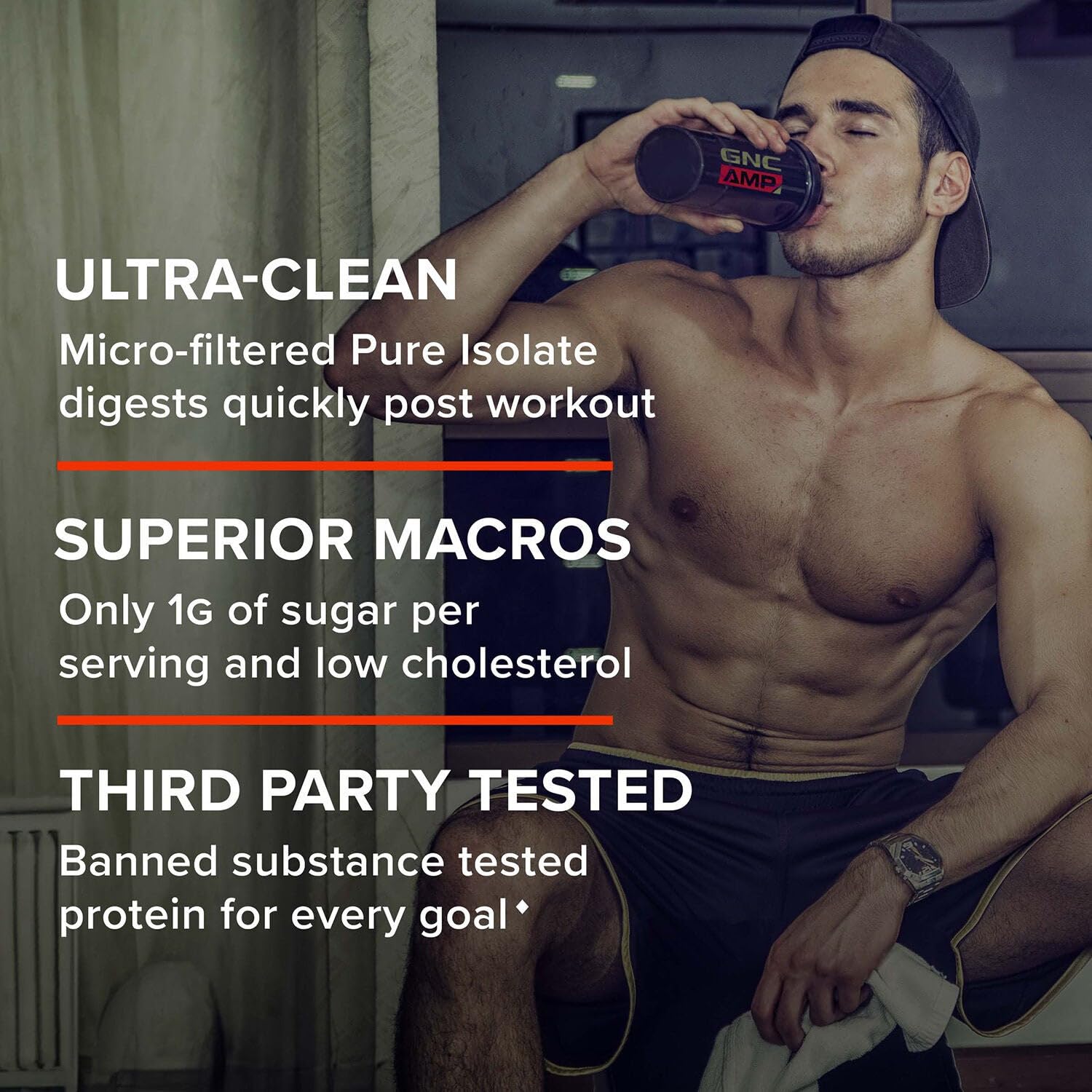 GNC AMP Pure Isolate Vanilla Custard canister on kitchen counter