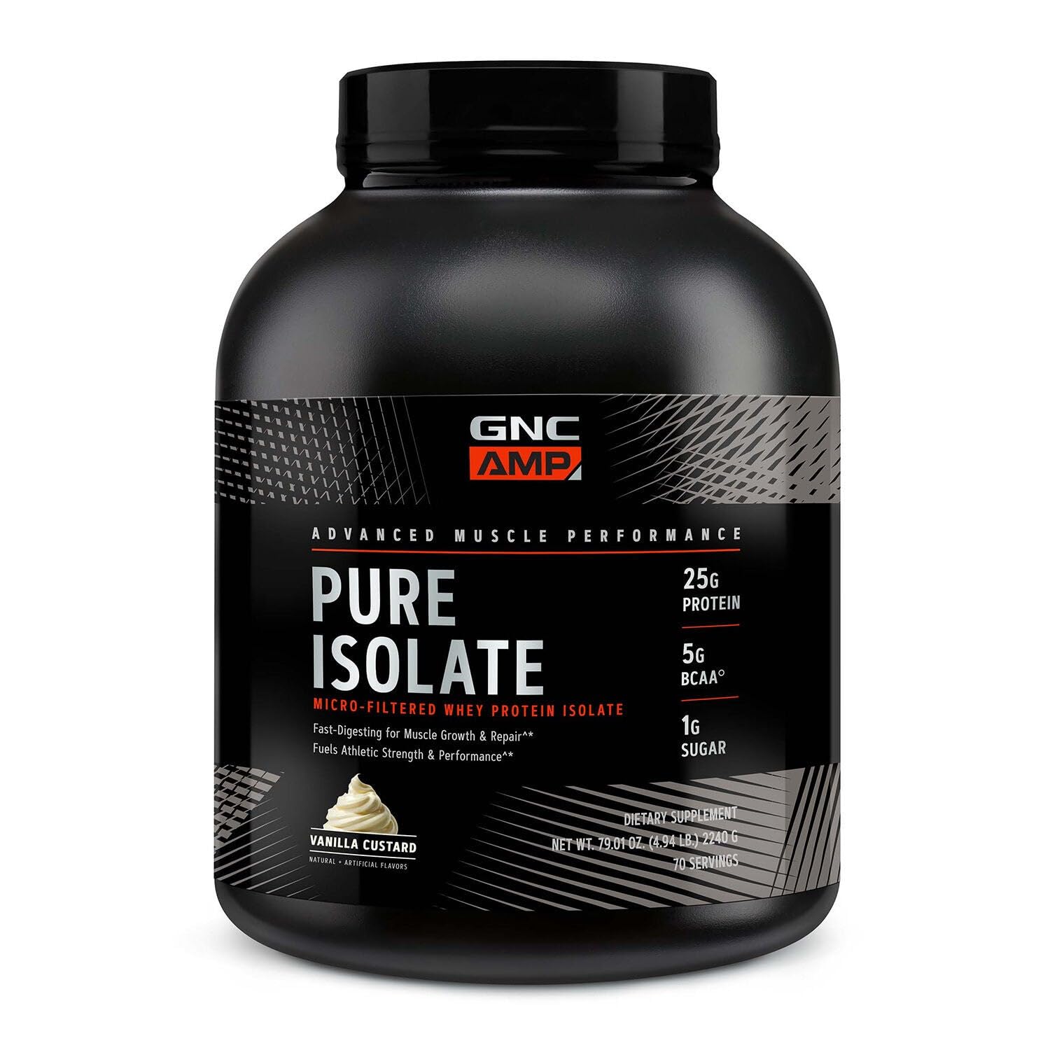 GNC AMP Pure Isolate Vanilla Custard tub for post-workout fueling