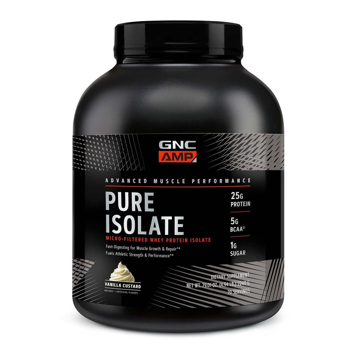 GNC AMP Pure Isolate Vanilla Custard tub for post-workout fueling