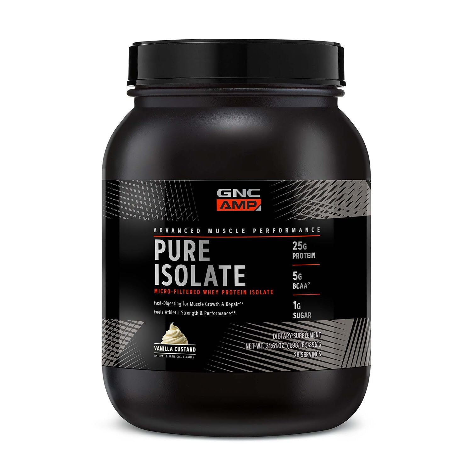 GNC AMP Pure Isolate Vanilla Custard bottle showing clean protein source for post-workout recovery
