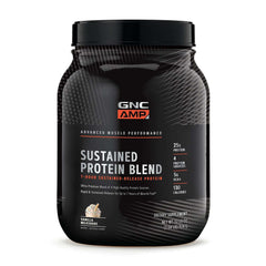 GNC AMP Sustained Cinnamon Toast bottle shows long-lasting protein release for steady energy