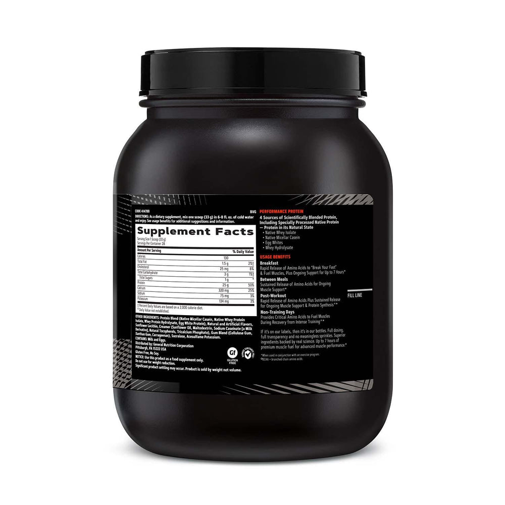 GNC AMP Sustained powder canister highlights multi-source protein for day-long nutrition