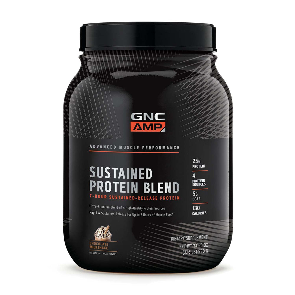 GNC AMP Sustained Cinnamon Toast bottle shows four protein sources for steady protein release