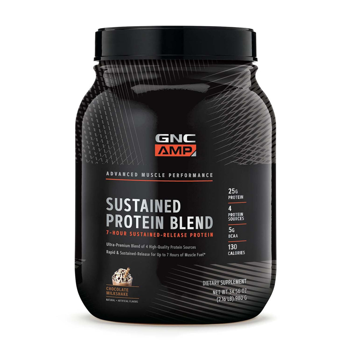 GNC AMP Sustained Cinnamon Toast bottle shows four protein sources for steady protein release