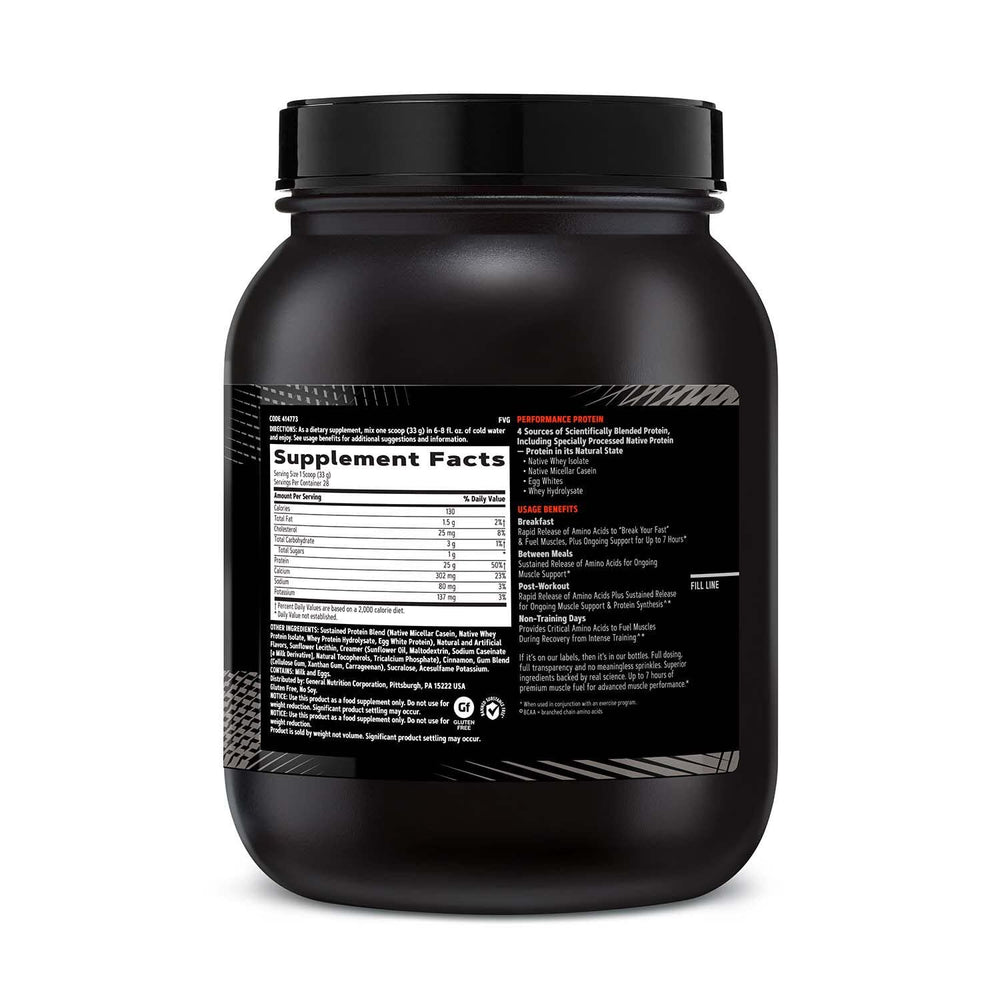 GNC AMP Sustained Cinnamon Toast shake in glass demonstrates smooth mixability.