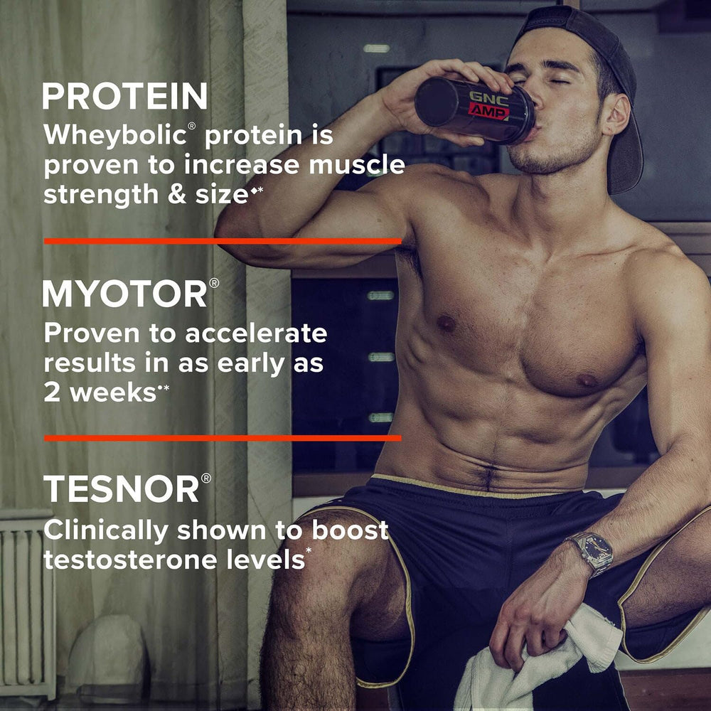 GNC AMP Wheybolic Alpha packaging closeup emphasizing premium protein.