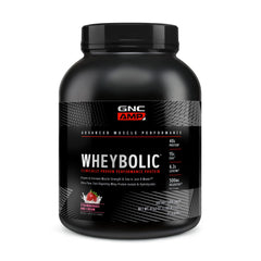 GNC AMP Wheybolic bottle front showing gluten-free protein for muscle support