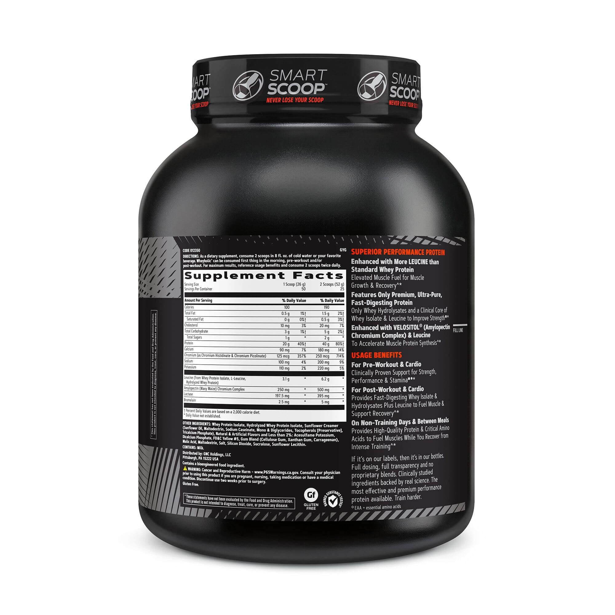GNC AMP Wheybolic label close-up showing ingredients and protein per serving