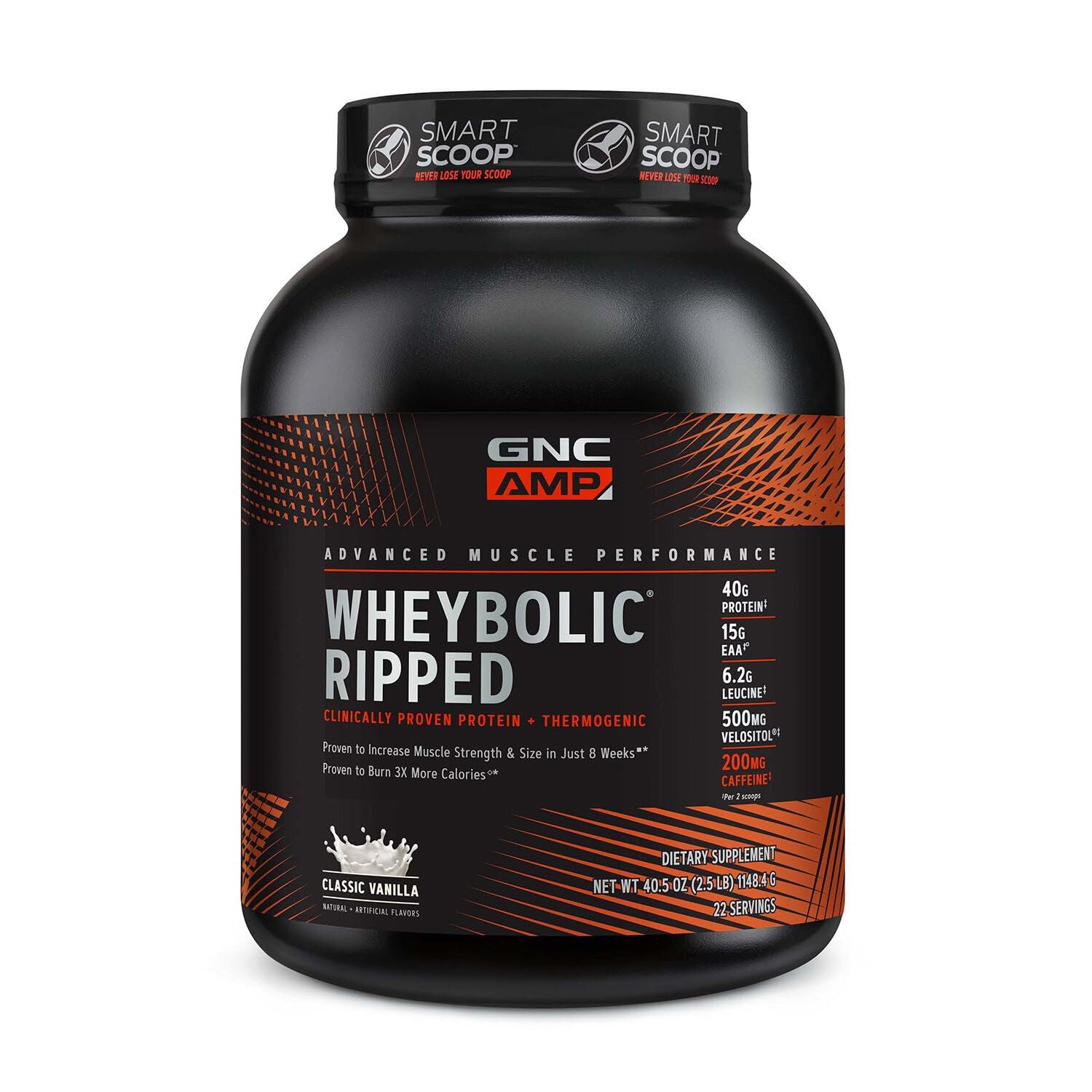 GNC AMP Wheybolic Ripped classic vanilla tub front highlights protein for muscle support and recovery.
