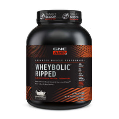 GNC AMP Wheybolic Ripped classic vanilla tub front highlights protein for muscle support and recovery.