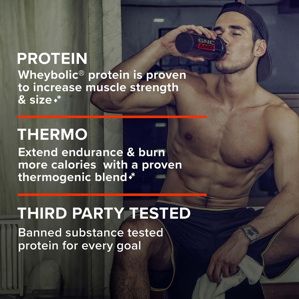 GNC AMP Wheybolic Ripped serving poured into glass for a ready-made shake