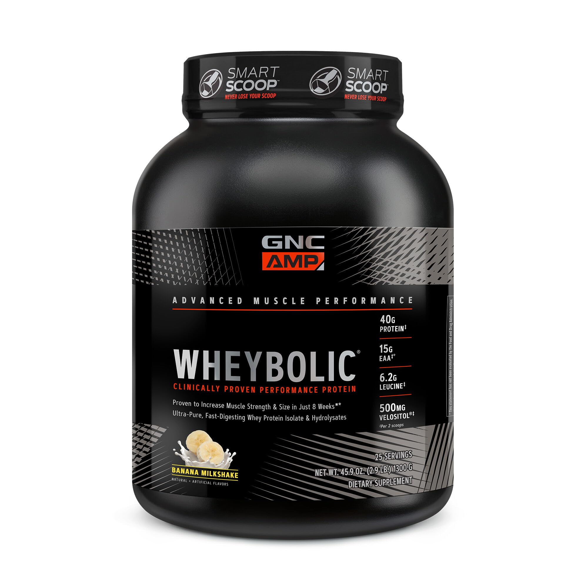 GNC AMP Wheybolic tub front in Banana Milkshake flavor for post-workout recovery