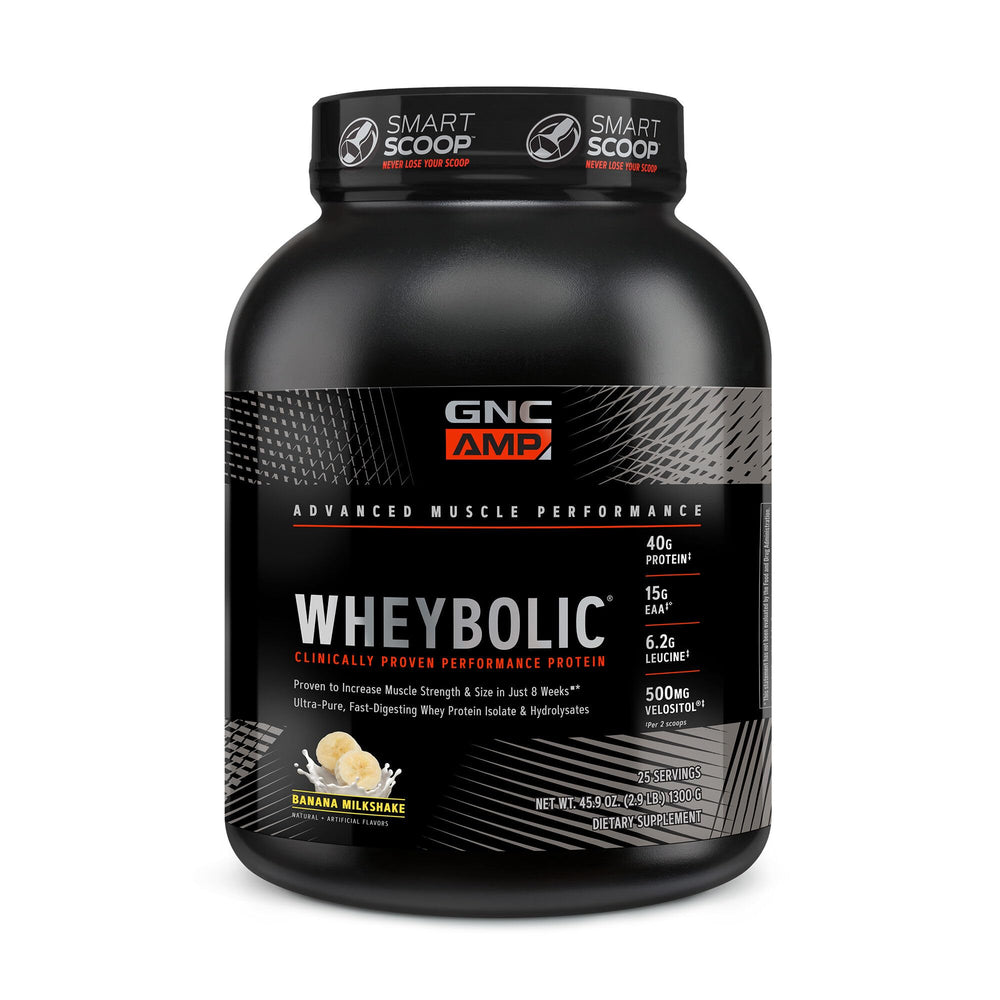 GNC AMP Wheybolic tub front in Banana Milkshake flavor for post-workout recovery