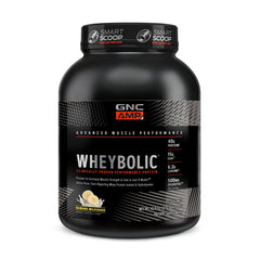 GNC AMP Wheybolic tub front in Banana Milkshake flavor for post-workout recovery