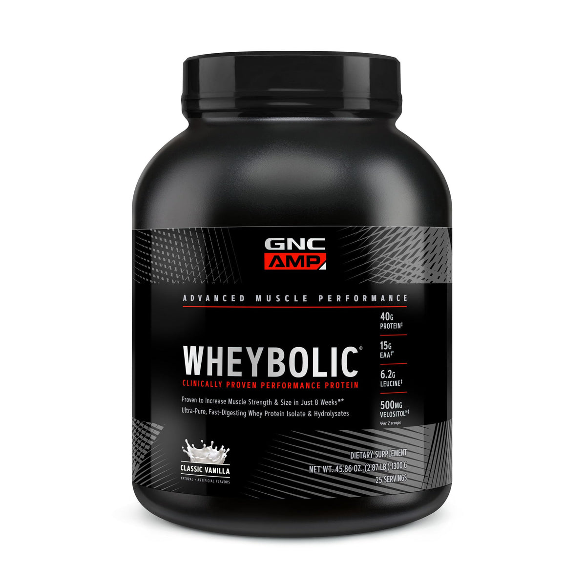 GNC AMP Wheybolic Vanilla bottle close-up promoting muscle support and recovery