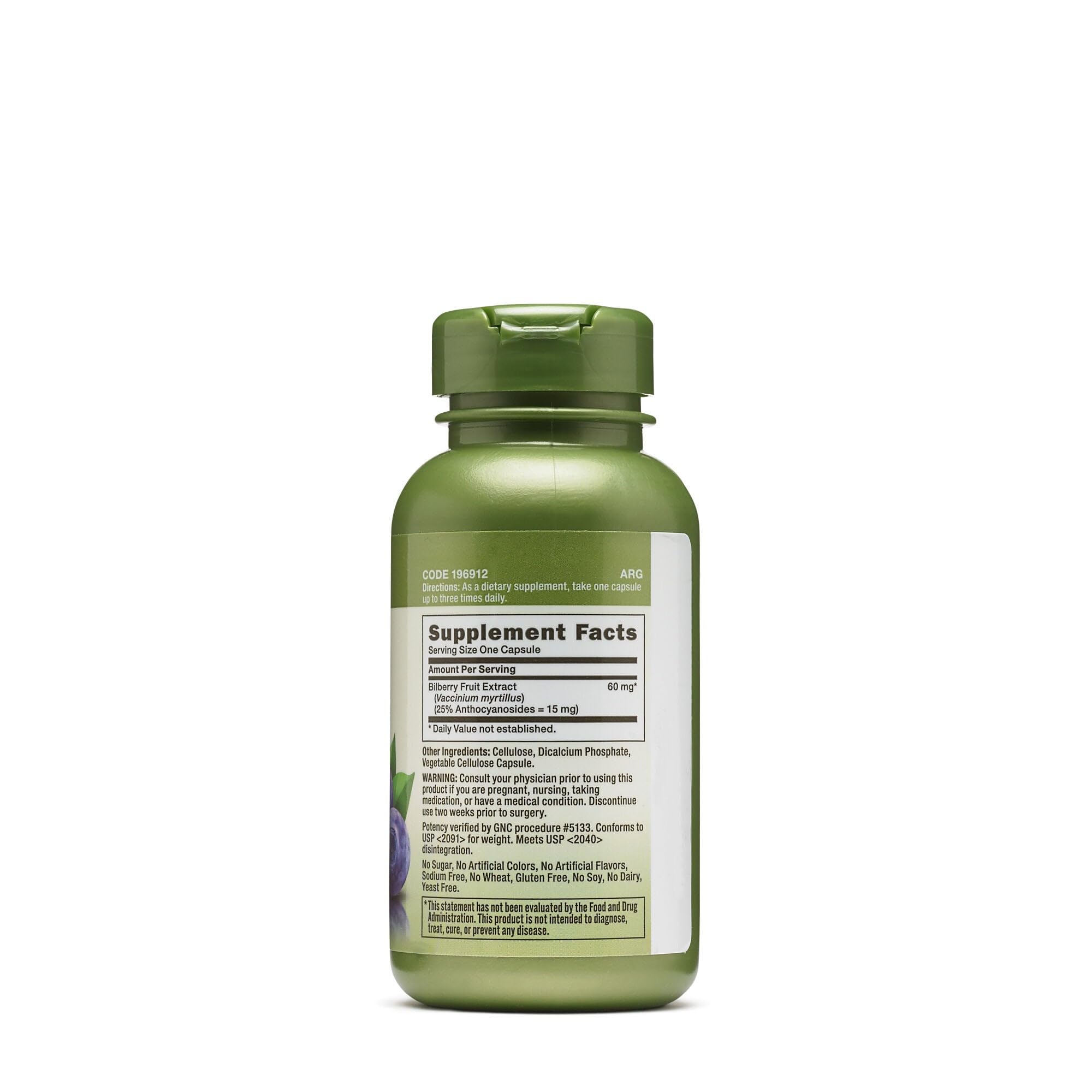 GNC Bilberry Extract pills close-up highlighting allergen-free, sugar-free convenience