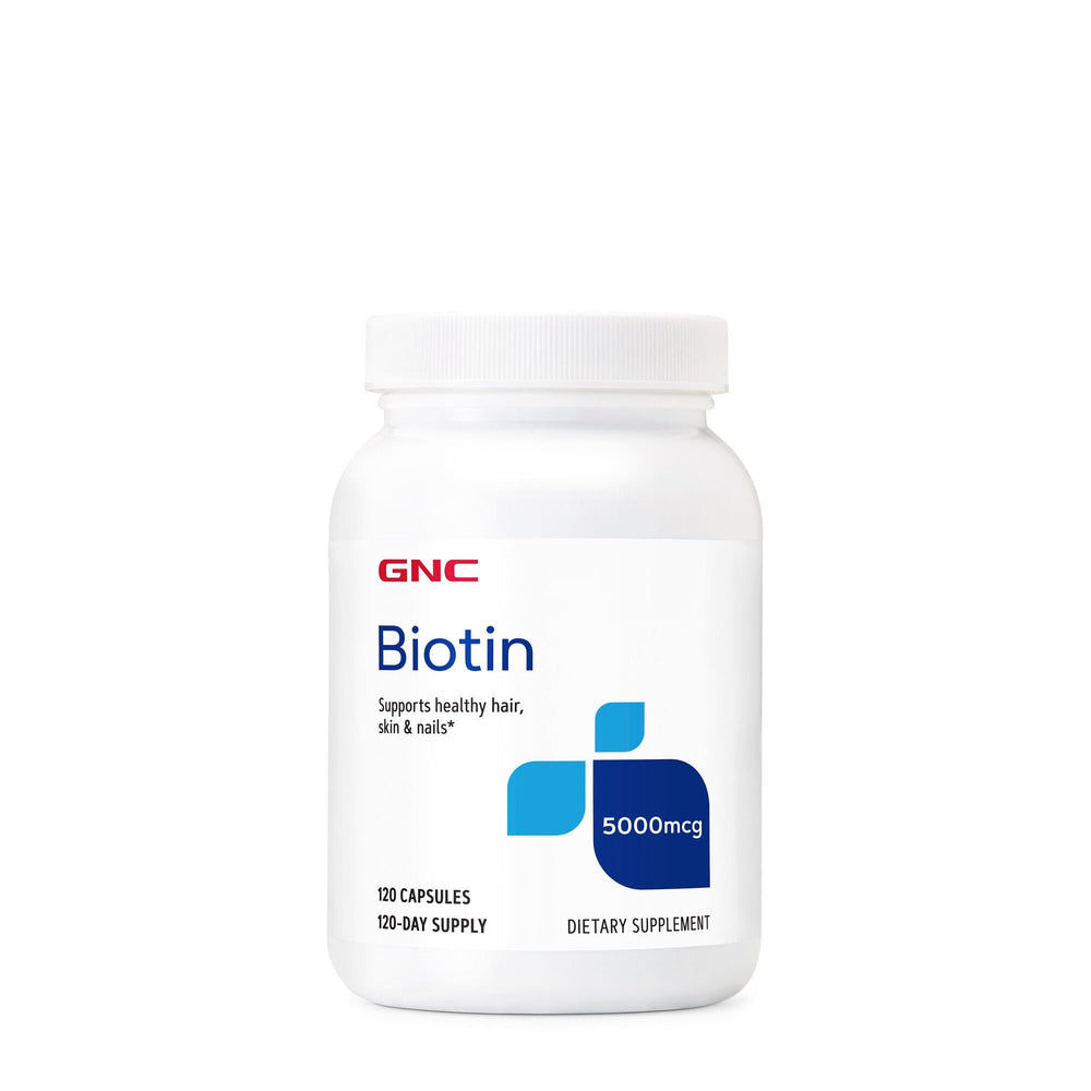 GNC Biotin 5000mcg bottle shown for daily hair, skin, and nails support